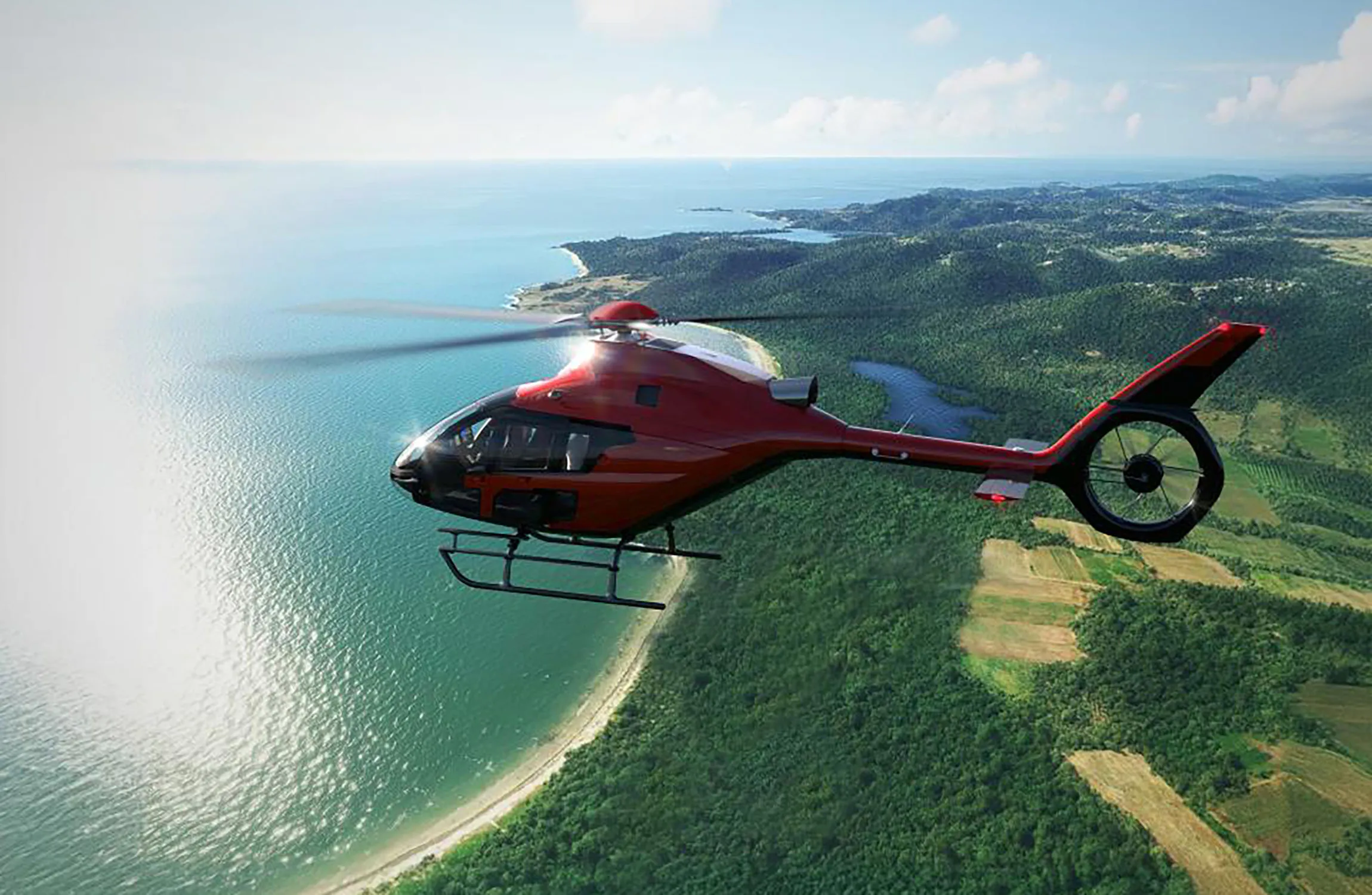 A red helicopter flying over the coast