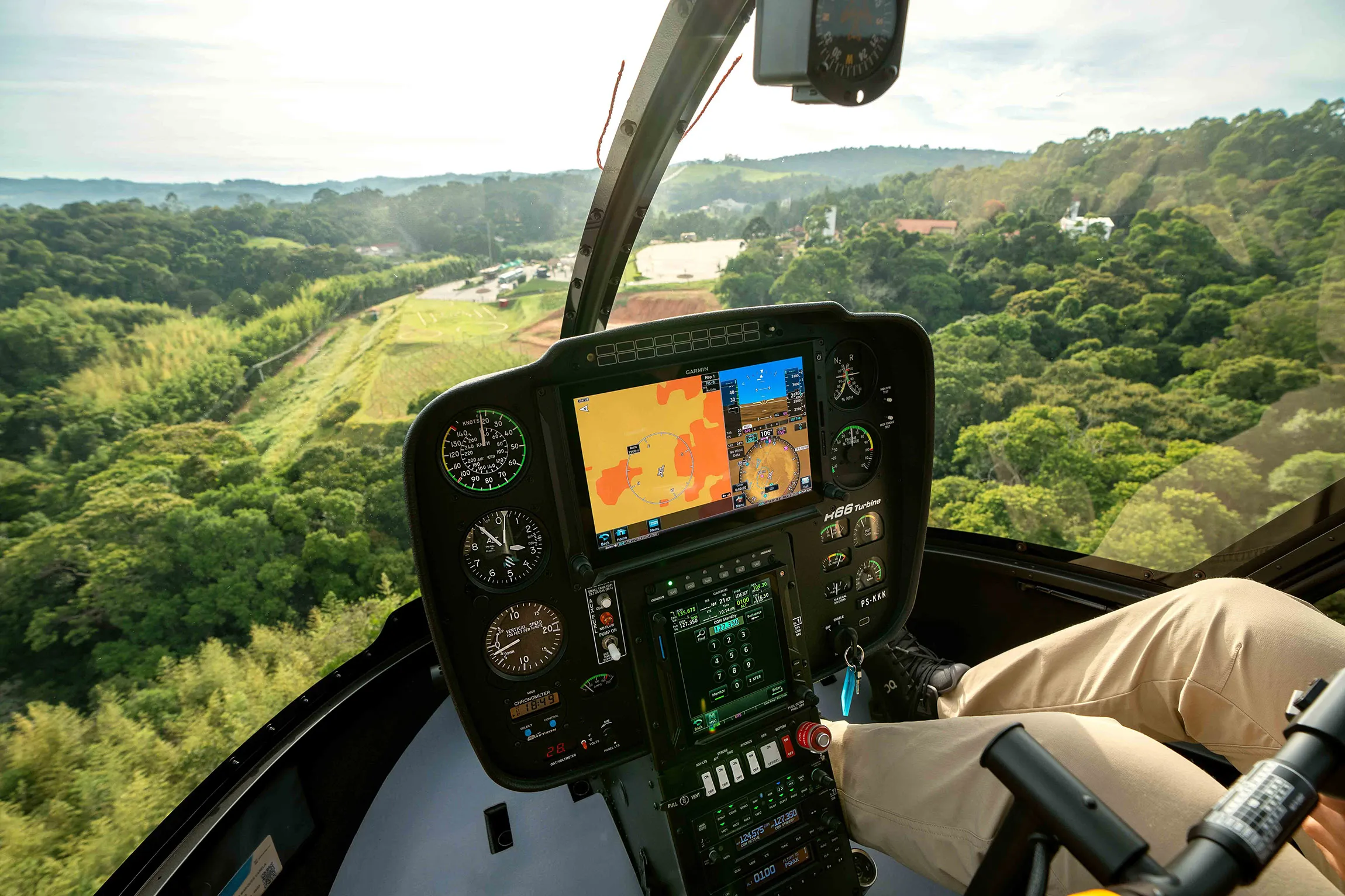 The cockpit of a helicopter